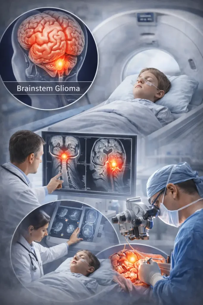 Brainstem glioma treatment showing tumor in brainstem with MRI scan and medical care