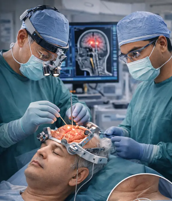Deep brain stimulation surgery showing DBS device implantation for Parkinson’s disease treatment