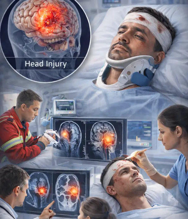 Head injury treatment showing Indian patient with brain trauma, CT scan analysis, and emergency medical care