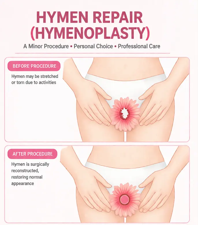 Hymenoplasty educational diagram showing before and after hymen repair with medical illustration