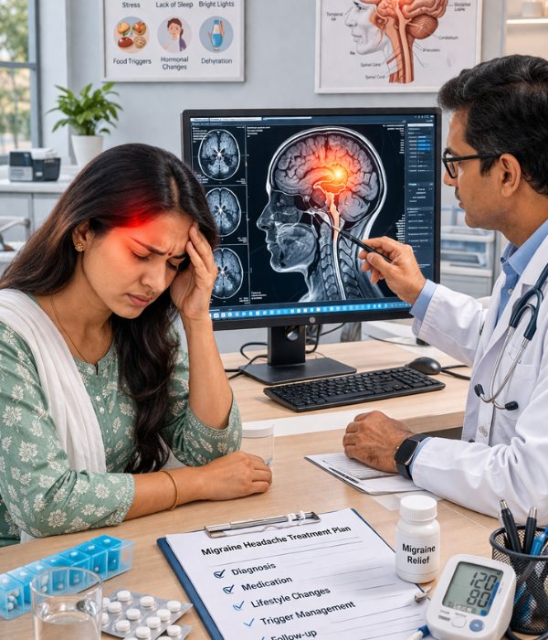 Migraine headache treatment showing Indian patient with severe headache and doctor analyzing brain scan