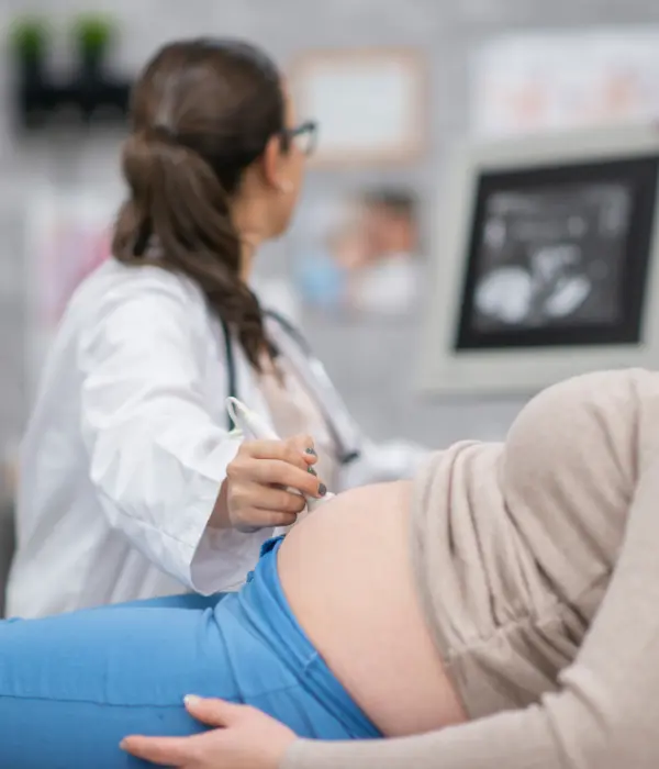 Pregnancy management showing prenatal checkup with doctor monitoring mother and baby health