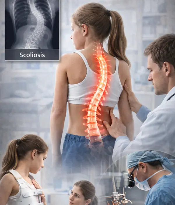 Scoliosis treatment showing curved spine with highlighted spinal alignment correction and medical evaluation
