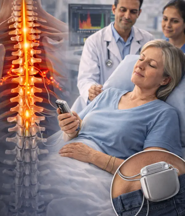 Spinal cord stimulation treatment showing implanted SCS device with spine nerve signals and pain relief therapy