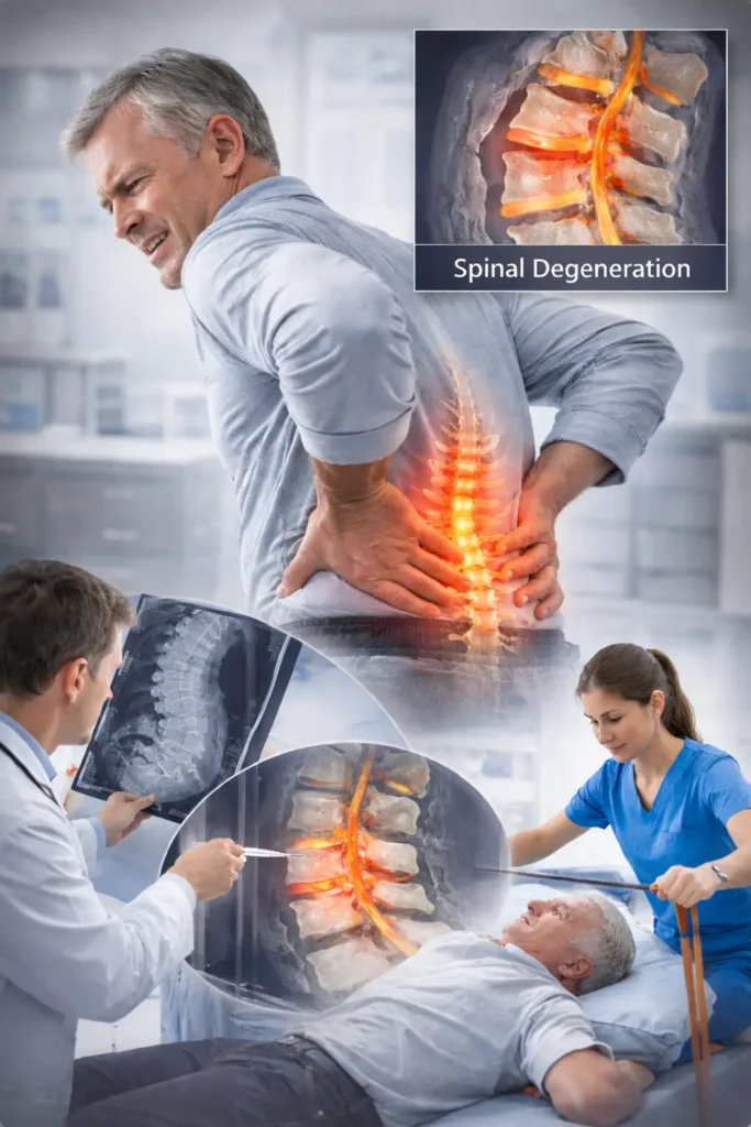 Spinal degenerative treatment showing worn spinal discs and nerve compression with highlighted pain area