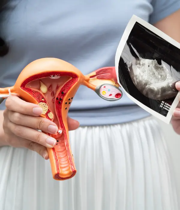 Uterine fibroids treatment showing uterus with fibroid growth and medical care for women health