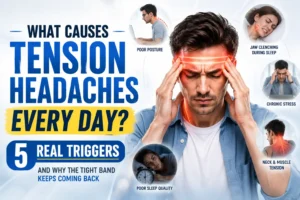 Man holding head with daily tension headache caused by stress, posture, jaw clenching, and neck tension