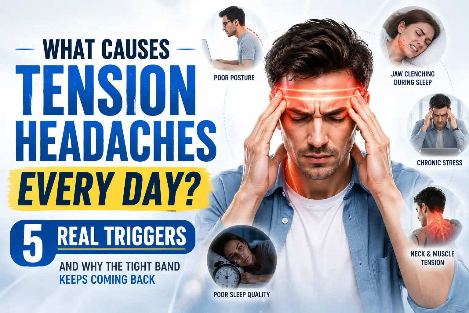 Man holding head with daily tension headache caused by stress, posture, jaw clenching, and neck tension