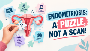 Puzzle shaped uterus illustration showing endometriosis diagnosis as a multi step process instead of a single scan.