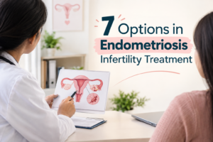 Doctor explaining endometriosis infertility treatment options to a woman using a reproductive health diagram.