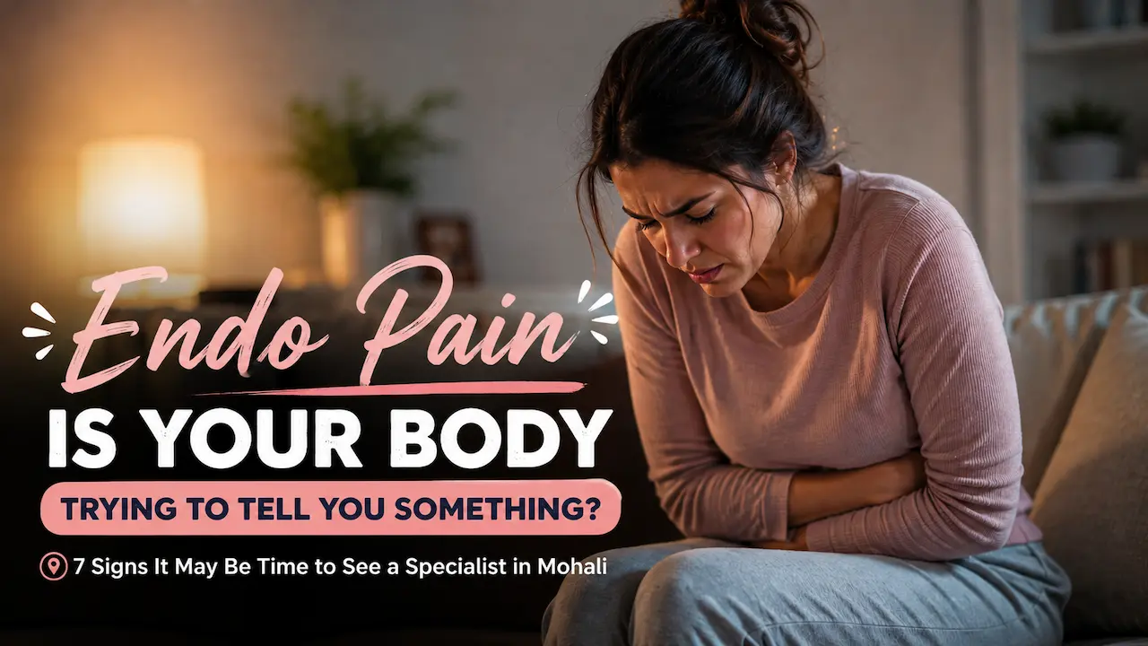 Woman holding her lower abdomen in pain at home, representing warning signs of endometriosis before seeing a specialist in Mohali.