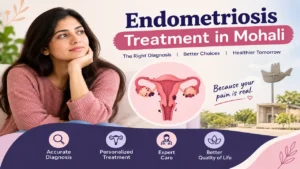 Endometriosis treatment awareness graphic featuring a woman, a uterus illustration showing endometriosis, and key benefits including accurate diagnosis and personalized treatment.