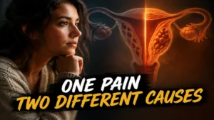 Woman holding lower abdomen with glowing uterus illustration showing endometriosis vs adenomyosis pelvic pain