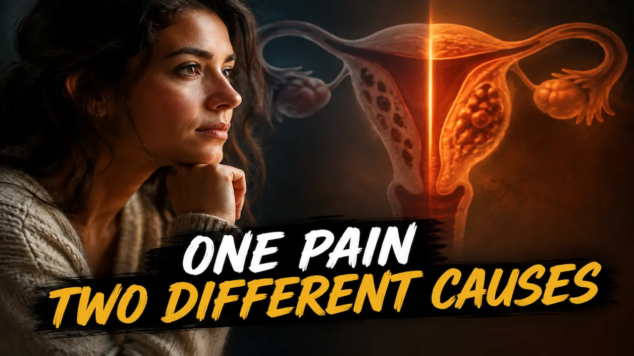 Woman holding lower abdomen with glowing uterus illustration showing endometriosis vs adenomyosis pelvic pain