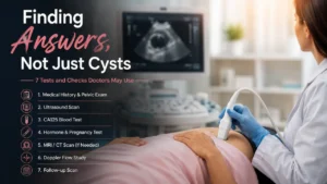 Ovarian cyst diagnosis with ultrasound scan, CA125 blood test, MRI, Doppler study and other diagnostic tests
