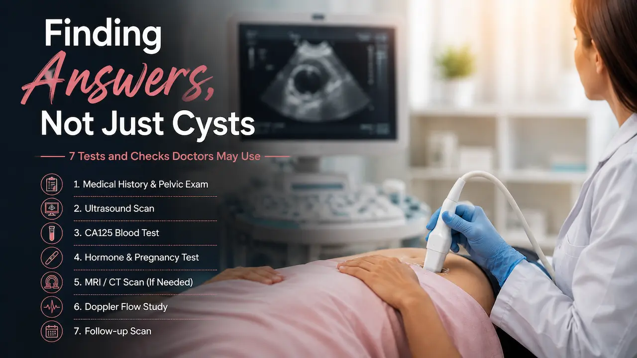 Ovarian cyst diagnosis with ultrasound scan, CA125 blood test, MRI, Doppler study and other diagnostic tests