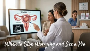 Gynecologist explaining follicular versus complex ovarian cysts to a patient using a monitor diagram for endometriosis diagnostic evaluation.