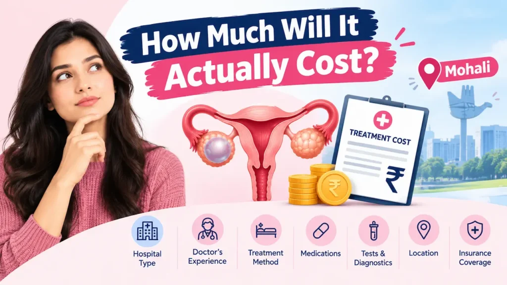 Ovarian cyst treatment cost in Mohali illustrated with a woman, ovarian cyst medical graphic, rupee coins, treatment cost checklist, and healthcare cost factors