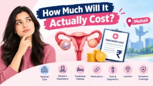 Ovarian cyst treatment cost in Mohali illustrated with a woman, ovarian cyst medical graphic, rupee coins, treatment cost checklist, and healthcare cost factors