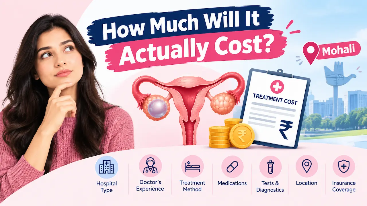Ovarian cyst treatment cost in Mohali illustrated with a woman, ovarian cyst medical graphic, rupee coins, treatment cost checklist, and healthcare cost factors