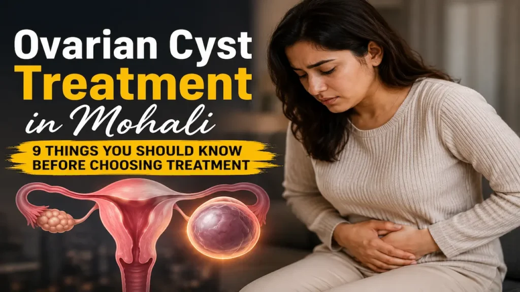 Young woman thinking about ovarian cyst treatment beside a glowing ovary with an ovarian cyst illustration.
