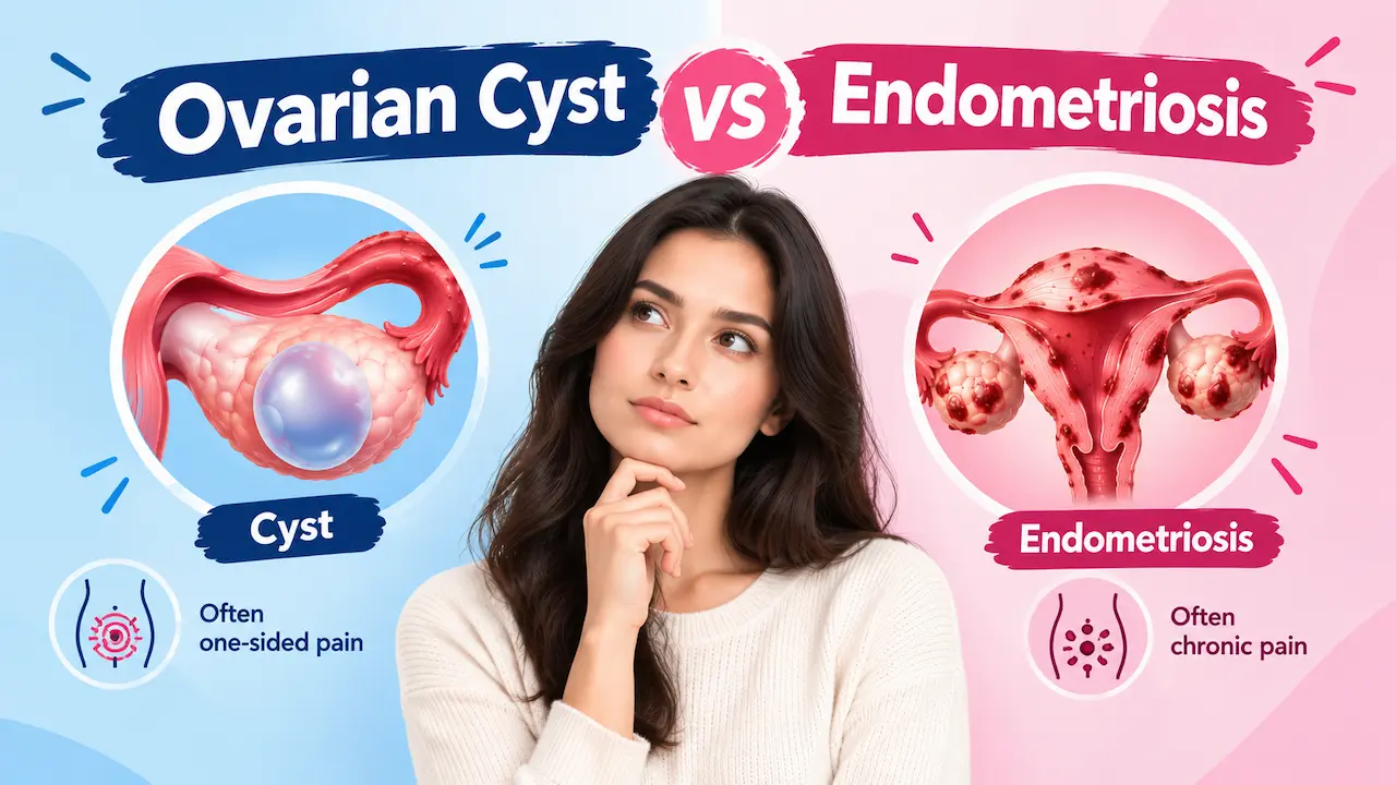 Ovarian cyst vs endometriosis comparison showing a woman between two medical illustrations, with key differences in pain symptoms
