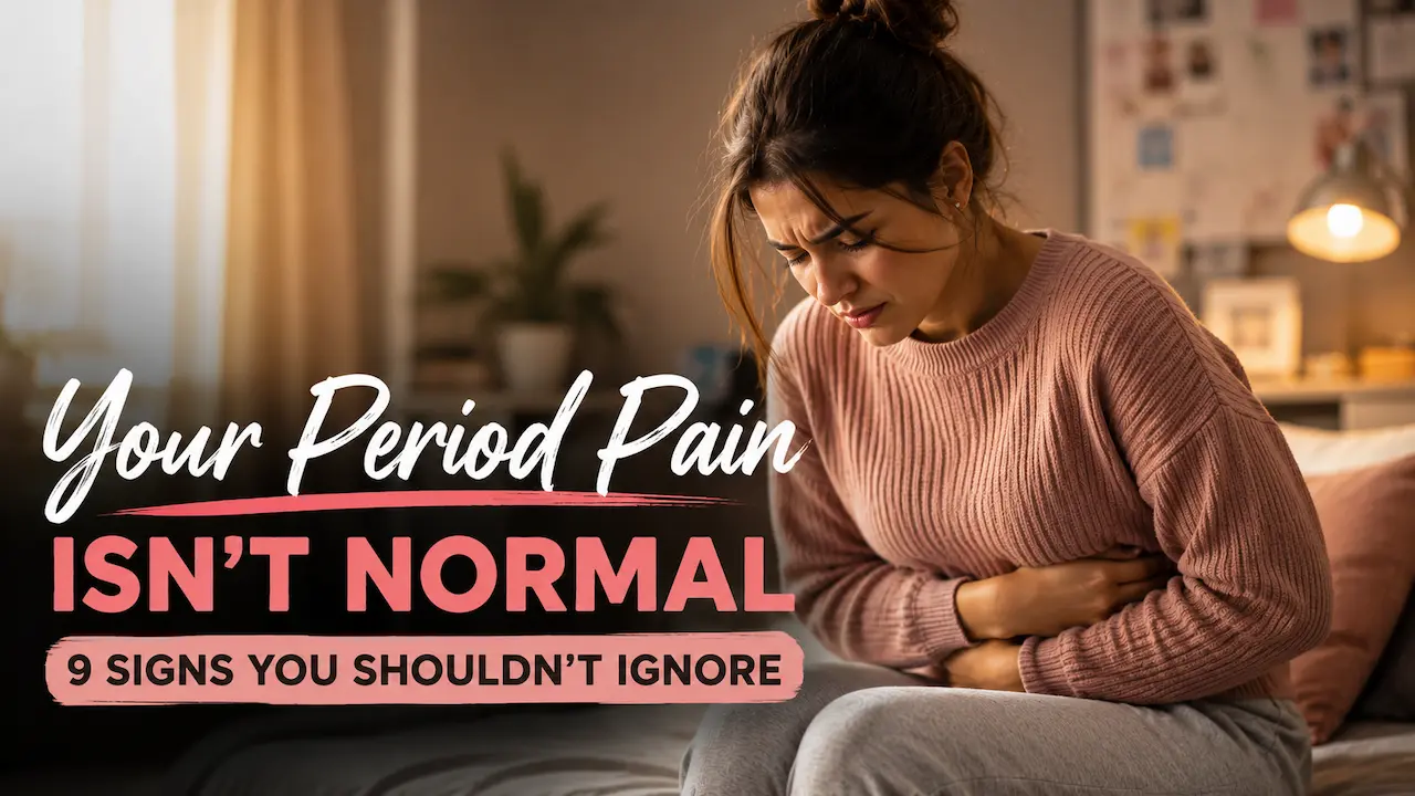 Woman experiencing severe lower abdominal pain at home, representing endometriosis symptoms during periods.