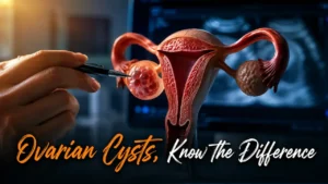 Medical illustration of the female reproductive system showing an ovarian cyst during an ultrasound examination