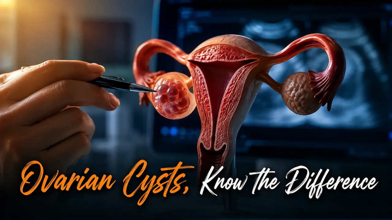 Medical illustration of the female reproductive system showing an ovarian cyst during an ultrasound examination