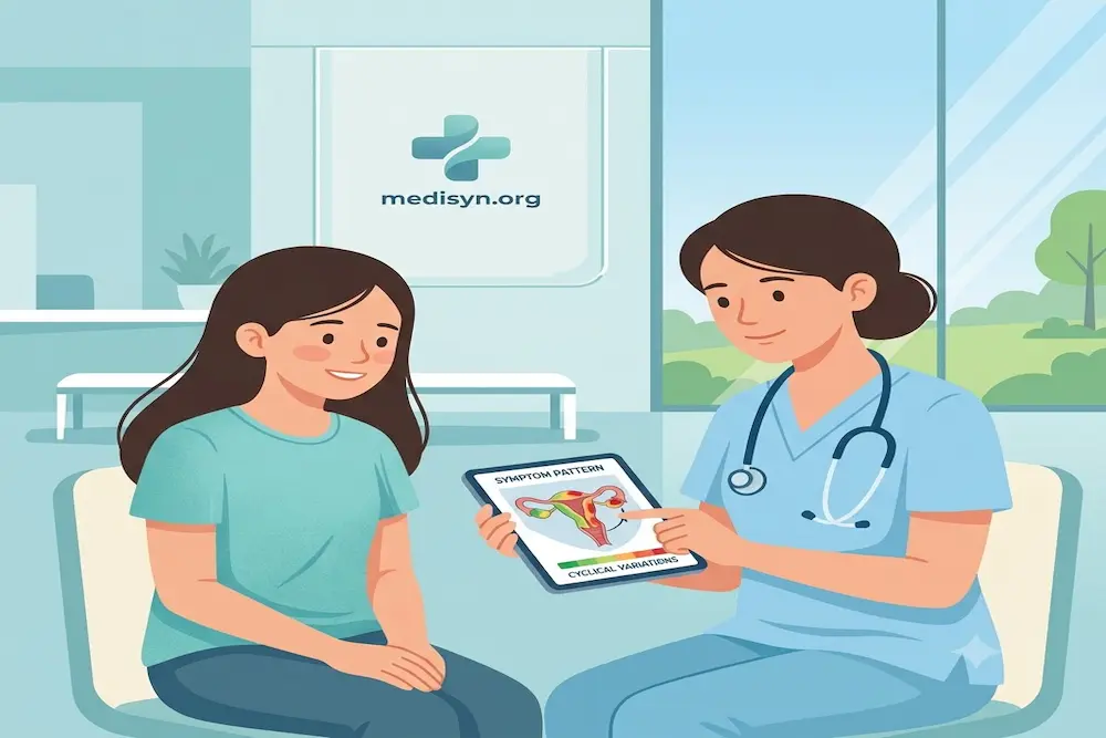 Female gynecologist explaining cyclical endometriosis symptom patterns on a tablet to a young teenage patient during a medical consultation.