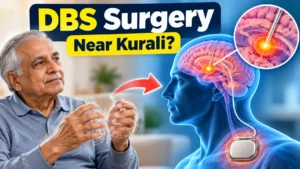 DBS surgery thumbnail showing an older man with hand tremors and a medical illustration of deep brain stimulation for Parkinson’s disease.