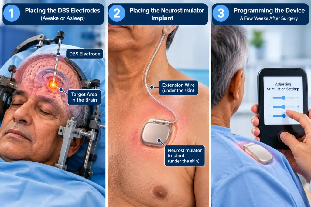 Medical infographic showing the three stages of deep brain stimulation surgery: DBS electrode placement, chest neurostimulator implantation, and device programming.