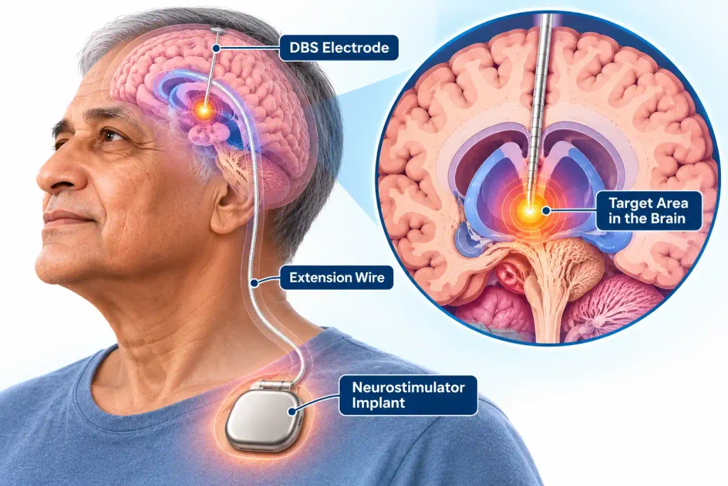 Medical illustration of deep brain stimulation showing the DBS electrode, extension wire, neurostimulator implant, and target area in the brain.